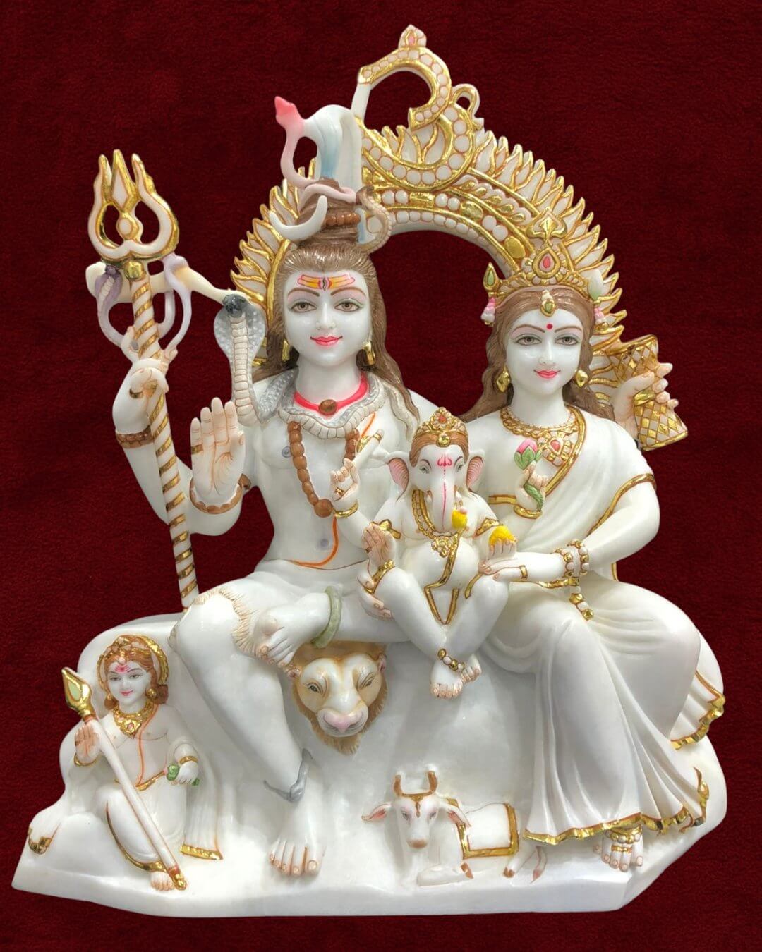 Marble Shiv Parivaar - Complete Divine Family Shiva Parvati Ganesh Kartikeya Handcrafted Moorti